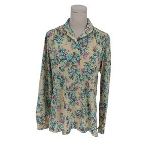 Vintage JCPenney Fashions Blouse Floral Long Sleeve Button Front Tan Size 14